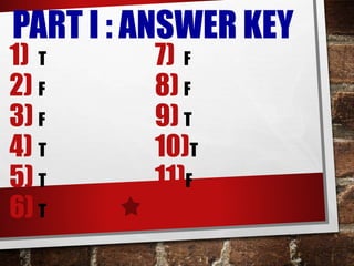 PART I : ANSWER KEY
1) T
2) F
3) F
4) T
5) T
6) T
7) F
8) F
9) T
10)T
11)F
 