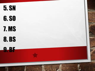 5. SN
6. SO
7. MS
8. BS
9. BF
 