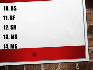10. BS
11. BF
12. SN
13. MS
14. MS
 