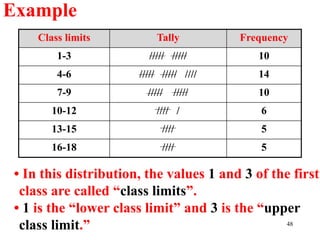 Class limits Tally Frequency
1-3 ///// ///// 10
4-6 ///// ///// //// 14
7-9 ///// ///// 10
10-12 //// / 6
13-15 //// 5
16-18 //// 5
• In this distribution, the values 1 and 3 of the first
class are called “class limits”.
• 1 is the “lower class limit” and 3 is the “upper
class limit.”
Example
48
 