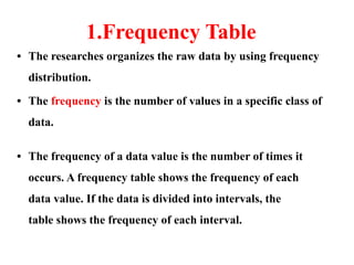 1.Frequency Table
• The researches organizes the raw data by using frequency
distribution.
• The frequency is the number of values in a specific class of
data.
• The frequency of a data value is the number of times it
occurs. A frequency table shows the frequency of each
data value. If the data is divided into intervals, the
table shows the frequency of each interval.
 