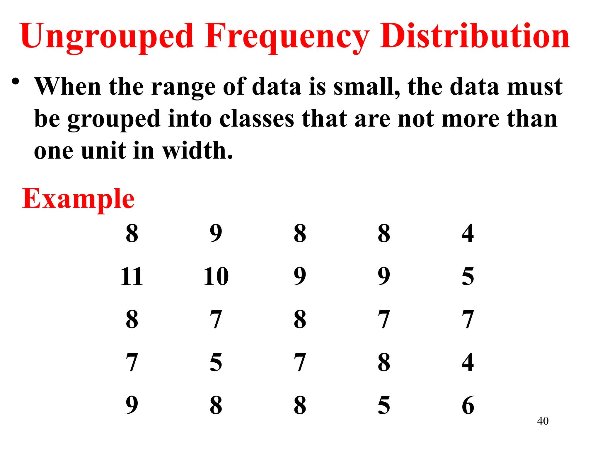 Ungrouped Frequency Distribution
• When the range of data is small, the data must
be grouped into classes that are not more than
one unit in width.
8 9 8 8 4
11 10 9 9 5
8 7 8 7 7
7 5 7 8 4
9 8 8 5 6
Example
40
 