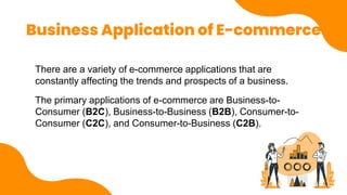 Business Application of E-commerce
There are a variety of e-commerce applications that are
constantly affecting the trends and prospects of a business.
The primary applications of e-commerce are Business-to-
Consumer (B2C), Business-to-Business (B2B), Consumer-to-
Consumer (C2C), and Consumer-to-Business (C2B).
 