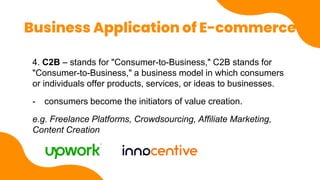 Business Application of E-commerce
4. C2B – stands for "Consumer-to-Business," C2B stands for
"Consumer-to-Business," a business model in which consumers
or individuals offer products, services, or ideas to businesses.
- consumers become the initiators of value creation.
e.g. Freelance Platforms, Crowdsourcing, Affiliate Marketing,
Content Creation
 