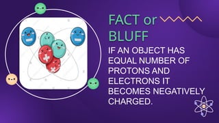 FACT or
BLUFF
IF AN OBJECT HAS
EQUAL NUMBER OF
PROTONS AND
ELECTRONS IT
BECOMES NEGATIVELY
CHARGED.
 