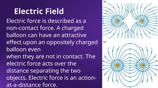 Electric Field
Electric force is described as a
non-contact force. A charged
balloon can have an attractive
effect upon an oppositely charged
balloon even
when they are not in contact. The
electric force acts over the
distance separating the two
objects. Electric force is an action-
at-a-distance force.
 