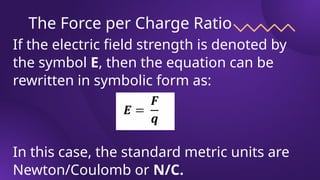 The Force per Charge Ratio
If the electric field strength is denoted by
the symbol E, then the equation can be
rewritten in symbolic form as:
In this case, the standard metric units are
Newton/Coulomb or N/C.
 
