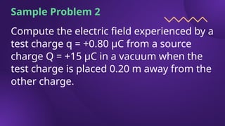 Sample Problem 2
Compute the electric field experienced by a
test charge q = +0.80 μC from a source
charge Q = +15 μC in a vacuum when the
test charge is placed 0.20 m away from the
other charge.
 