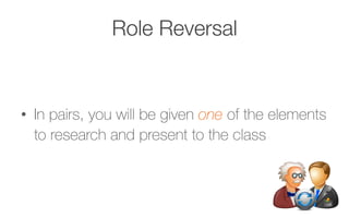 Role Reversal
•  In pairs, you will be given one of the elements
to research and present to the class
 