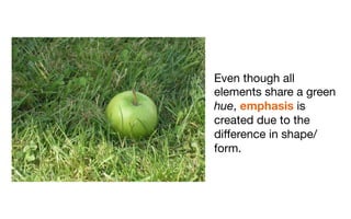 Even though all
elements share a green
hue, emphasis is
created due to the
diﬀerence in shape/
form.
 