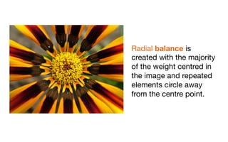 Radial balance is
created with the majority
of the weight centred in
the image and repeated
elements circle away
from the centre point.
 