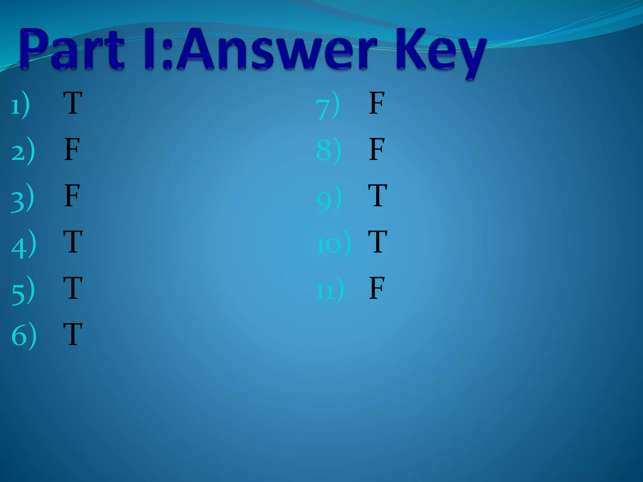 1) T
2) F
3) F
4) T
5) T
6) T
7) F
8) F
9) T
10) T
11) F
 
