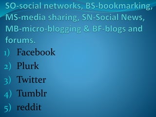 1) Facebook
2) Plurk
3) Twitter
4) Tumblr
5) reddit
 