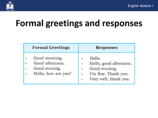Formal greetings and responses
English Module I
 