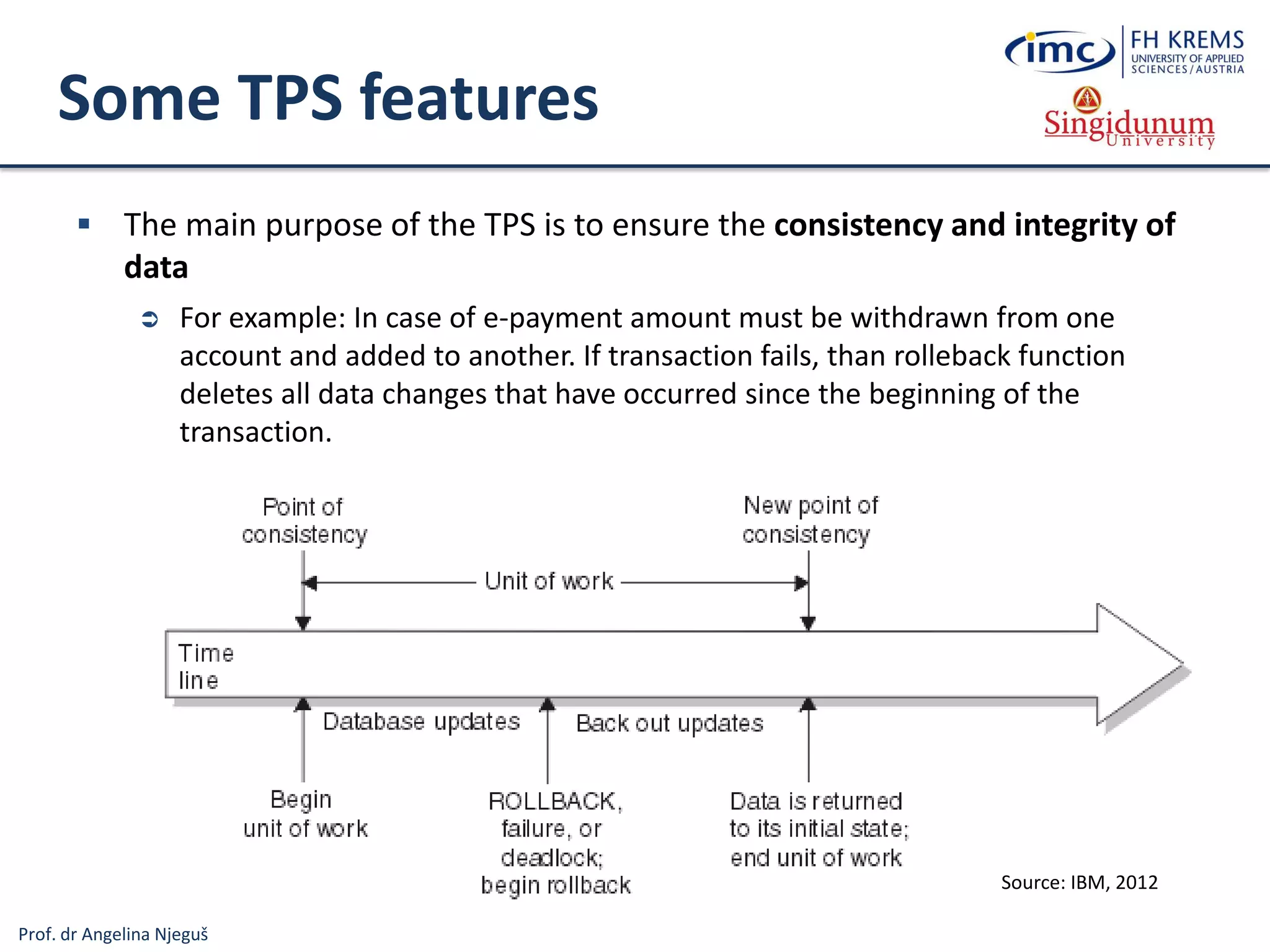 Prof. dr Angelina Njeguš
Some TPS features
 The main purpose of the TPS is to ensure the consistency and integrity of
data
 For example: In case of e-payment amount must be withdrawn from one
account and added to another. If transaction fails, than rolleback function
deletes all data changes that have occurred since the beginning of the
transaction.
Source: IBM, 2012
 