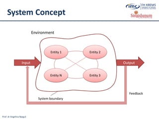 Prof. dr Angelina Njeguš
System Concept
Entity 1 Entity 2
Entity N Entity 3
System boundary
Environment
Input Output
Feedback
 