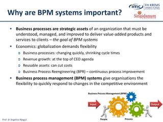 Prof. dr Angelina Njeguš
Why are BPM systems important?
 Business processes are strategic assets of an organization that must be
understood, managed, and improved to deliver value-added products and
services to clients – the goal of BPM systems
 Economics: globalization demands flexibility
 Business processes: changing quickly, shrinking cycle times
 Revenue growth: at the top of CEO agenda
 Reusable assets: can cut costs
 Business Process Reengineering (BPR) – continuous process improvement
 Business process management (BPM) systems give organisations the
flexibility to quickly respond to changes in the competitive environment
 