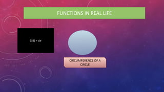 FUNCTIONS IN REAL LIFE
CIRCUMFERENCE OF A
CIRCLE
C(d) = d𝜋
 