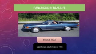 FUNCTIONS IN REAL LIFE
DRIVING A CAR
LOCATION IS A FUNCTION OF TIME
 