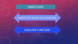 OBJECTIVES
SUBSTITUTE VALUES IN A FUNCTION;
EVALUATE FUNCTION
 