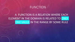 FUNCTION
A FUNCTION IS A RELATION WHERE EACH
ELEMENT IN THE DOMAIN IS RELATED TO ONLY
ONE VALUE IN THE RANGE BY SOME RULE
 