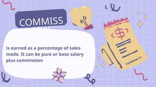 is earned as a percentage of sales
made. It can be pure or base salary
plus commission
COMMISS
ION
 