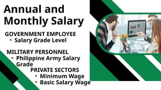 Annual and
Monthly Salary
GOVERNMENT EMPLOYEE
• Salary Grade Level
MILITARY PERSONNEL
• Philippine Army Salary
Grade
PRIVATE SECTORS
• Minimum Wage
• Basic Salary Wage
 