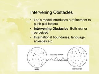 Intervening Obstacles
• Lee’s model introduces a refinement to
push pull factors
• Intervening Obstacles Both real or
perceived
• International boundaries, language,
anxieties etc.
 