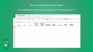 Now, recreate the layout shown below.
Not forgetting to rename your spreadsheet to “G Sheets Lesson 1”
Sheets
 