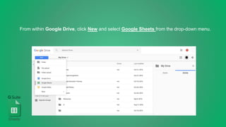 Sheets
From within Google Drive, click New and select Google Sheets from the drop-down menu.
 