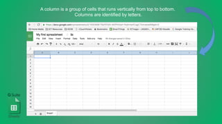 A column is a group of cells that runs vertically from top to bottom.
Columns are identified by letters.
Sheets
 