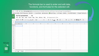 The formula bar is used to enter and edit data,
functions, and formulas for the selected cell.
Sheets
 
