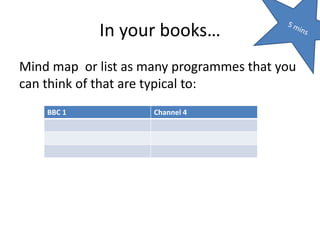 In your books…
Mind map or list as many programmes that you
can think of that are typical to:
BBC 1 Channel 4
 