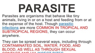 PARASITE
Parasites are organisms that behave like tiny
animals, living in or on a host and feeding from or at
the expense of the host. Though parasitic
infections are more COMMON IN TROPICAL AND
SUBTROPICAL REGIONS, they can occur
anywhere.
They can be spread several ways, including through
CONTAMINATED SOIL, WATER, FOOD, AND
BLOOD, AS WELL AS THROUGH SEXUAL
 