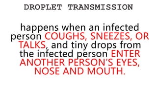 DROPLET TRANSMISSION
happens when an infected
person COUGHS, SNEEZES, OR
TALKS, and tiny drops from
the infected person ENTER
ANOTHER PERSON’S EYES,
NOSE AND MOUTH.
 