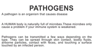 PATHOGENS
A pathogen is an organism that causes disease
A HUMAN body is naturally full of microbes.These microbes only
cause a problem if your immune system is weakened.
Pathogens can be transmitted a few ways depending on the
type. They can be spread through skin contact, bodily fluids,
airborne particles, contact with feces, and touching a surface
touched by an infected person.
 