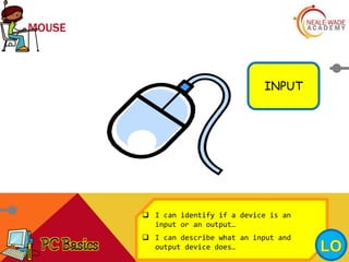 MOUSE
INPUT
 I can identify if a device is an
input or an output…
 I can describe what an input and
output device does…
 