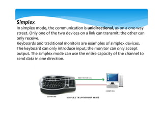 Simplex
In simplex mode, the communication is unidirectional, as on a one-way
street. Only one of the two devices on a link can transmit; the other can
only receive.
Keyboards and traditional monitors are examples of simplex devices.
The keyboard can only introduce input; the monitor can only accept
output. The simplex mode can use the entire capacity of the channel to
send data in one direction.
 