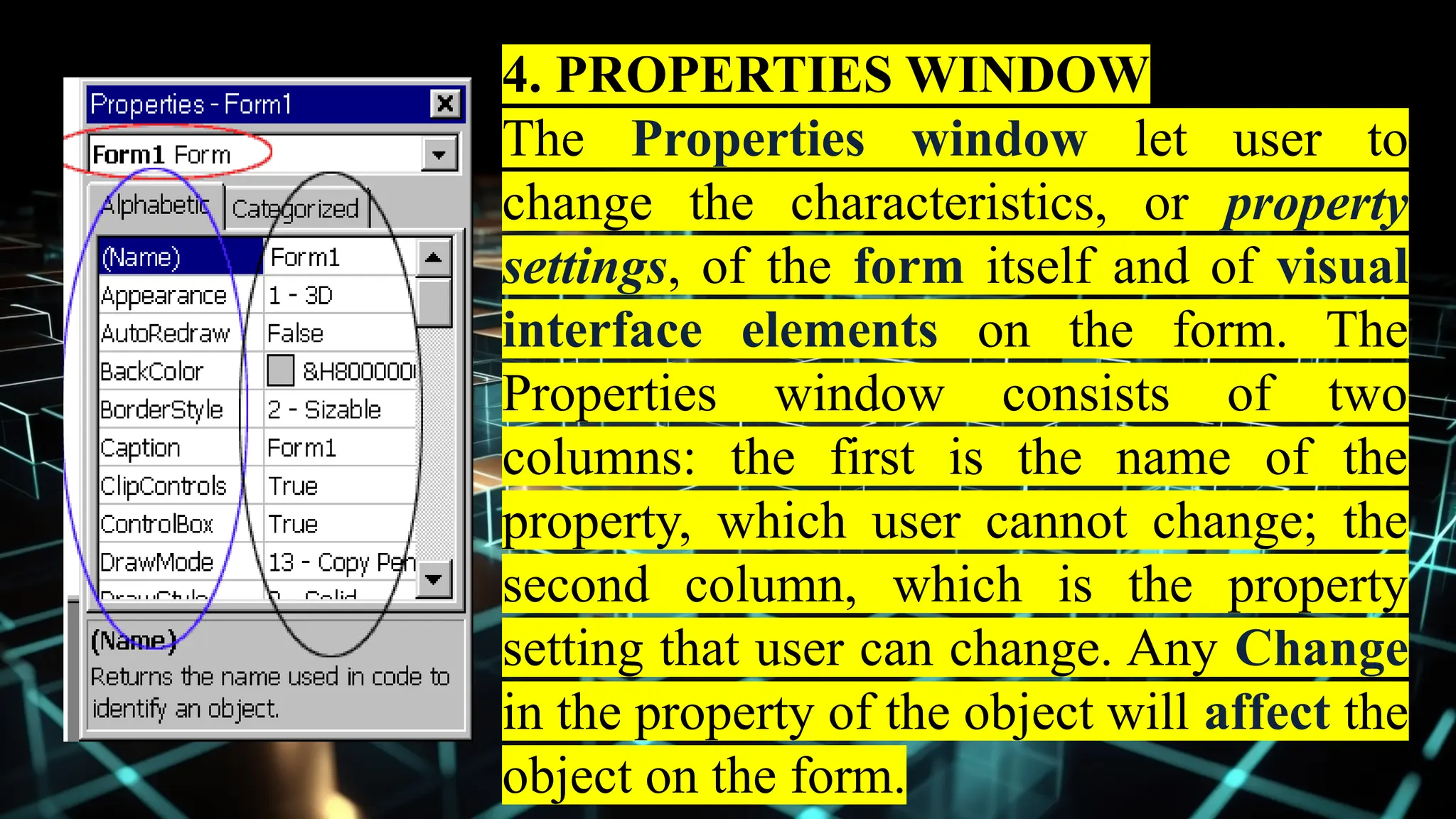 4. PROPERTIES WINDOW
The Properties window let user to
change the characteristics, or property
settings, of the form itself and of visual
interface elements on the form. The
Properties window consists of two
columns: the first is the name of the
property, which user cannot change; the
second column, which is the property
setting that user can change. Any Change
in the property of the object will affect the
object on the form.
 