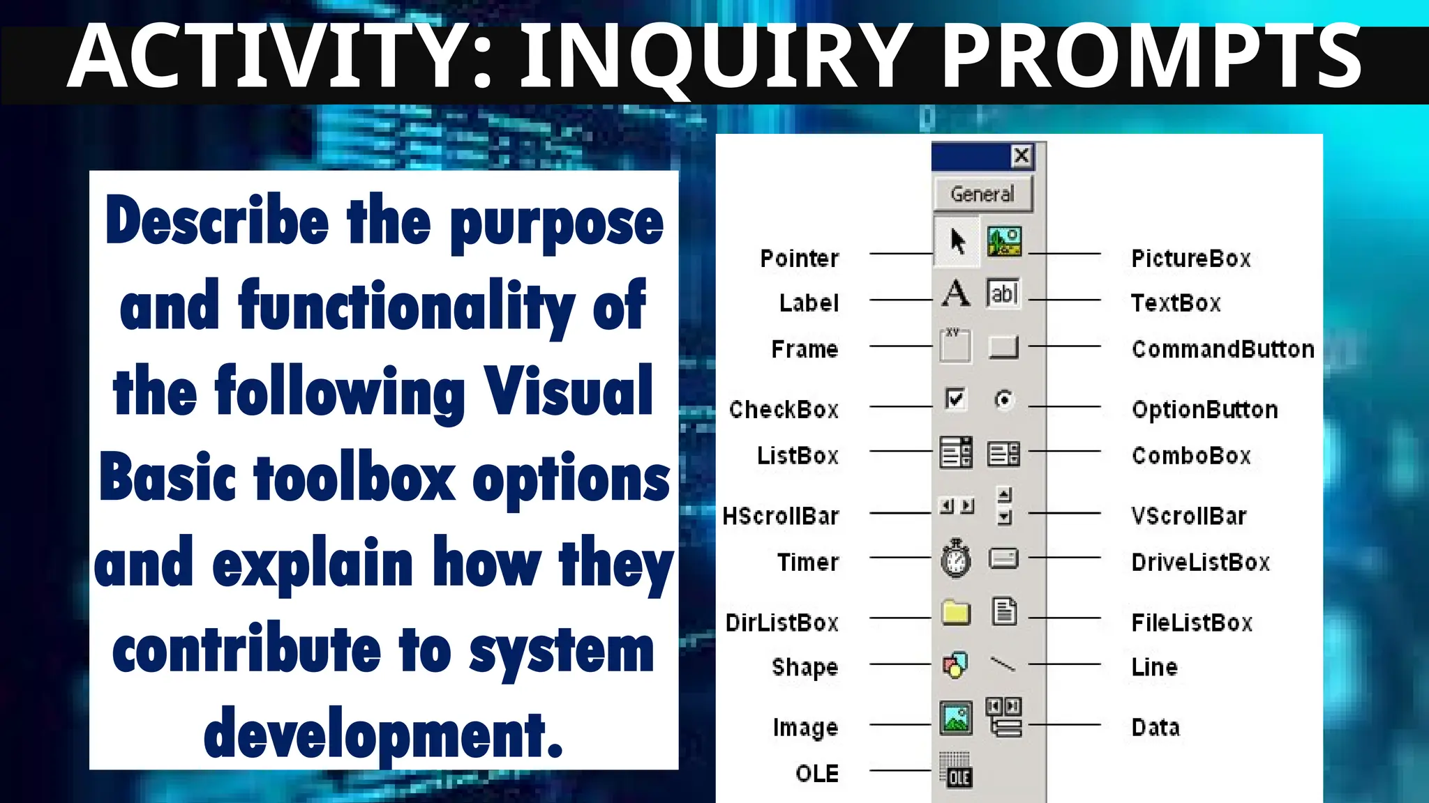 ACTIVITY: INQUIRY PROMPTS
Describe the purpose
and functionality of
the following Visual
Basic toolbox options
and explain how they
contribute to system
development.
 