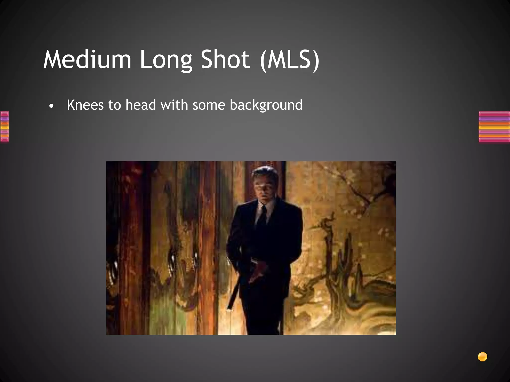Medium Long Shot (MLS)
• Knees to head with some background
 