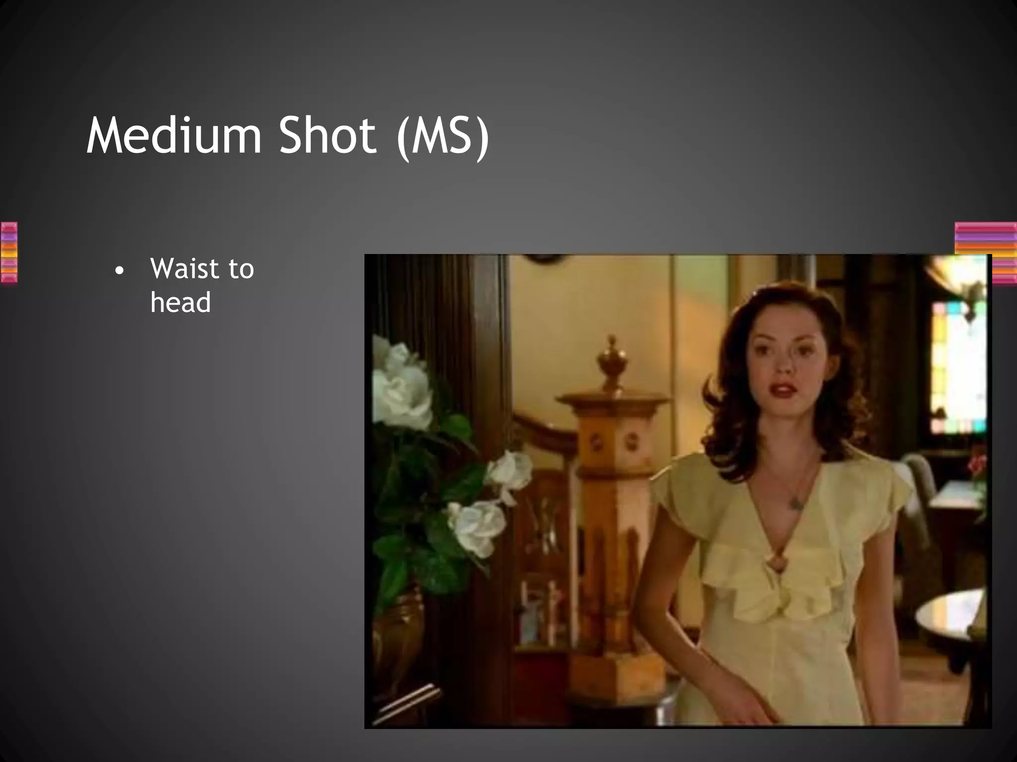 Medium Shot (MS)
• Waist to
head
 