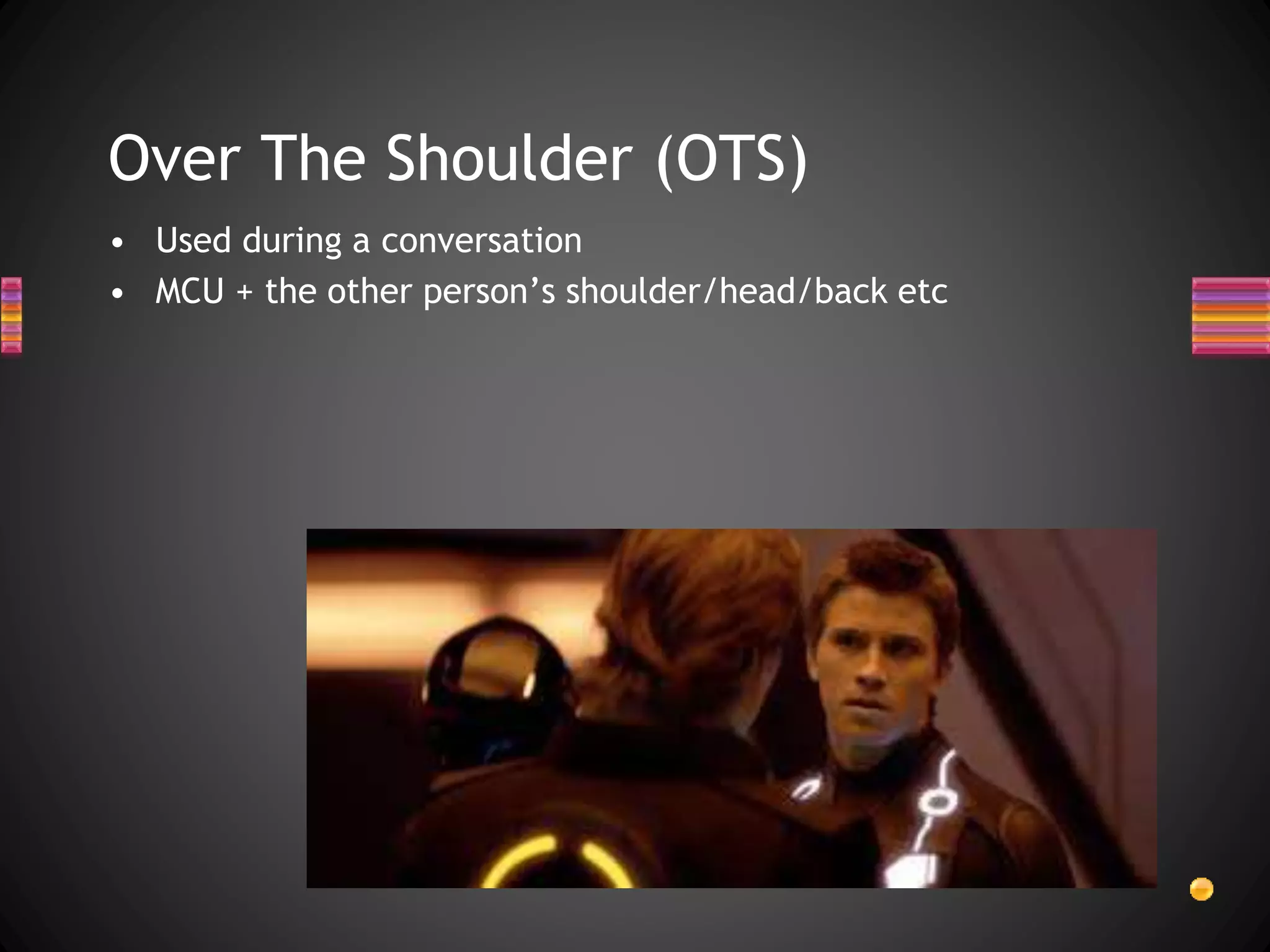 Over The Shoulder (OTS)
• Used during a conversation
• MCU + the other person’s shoulder/head/back etc
 