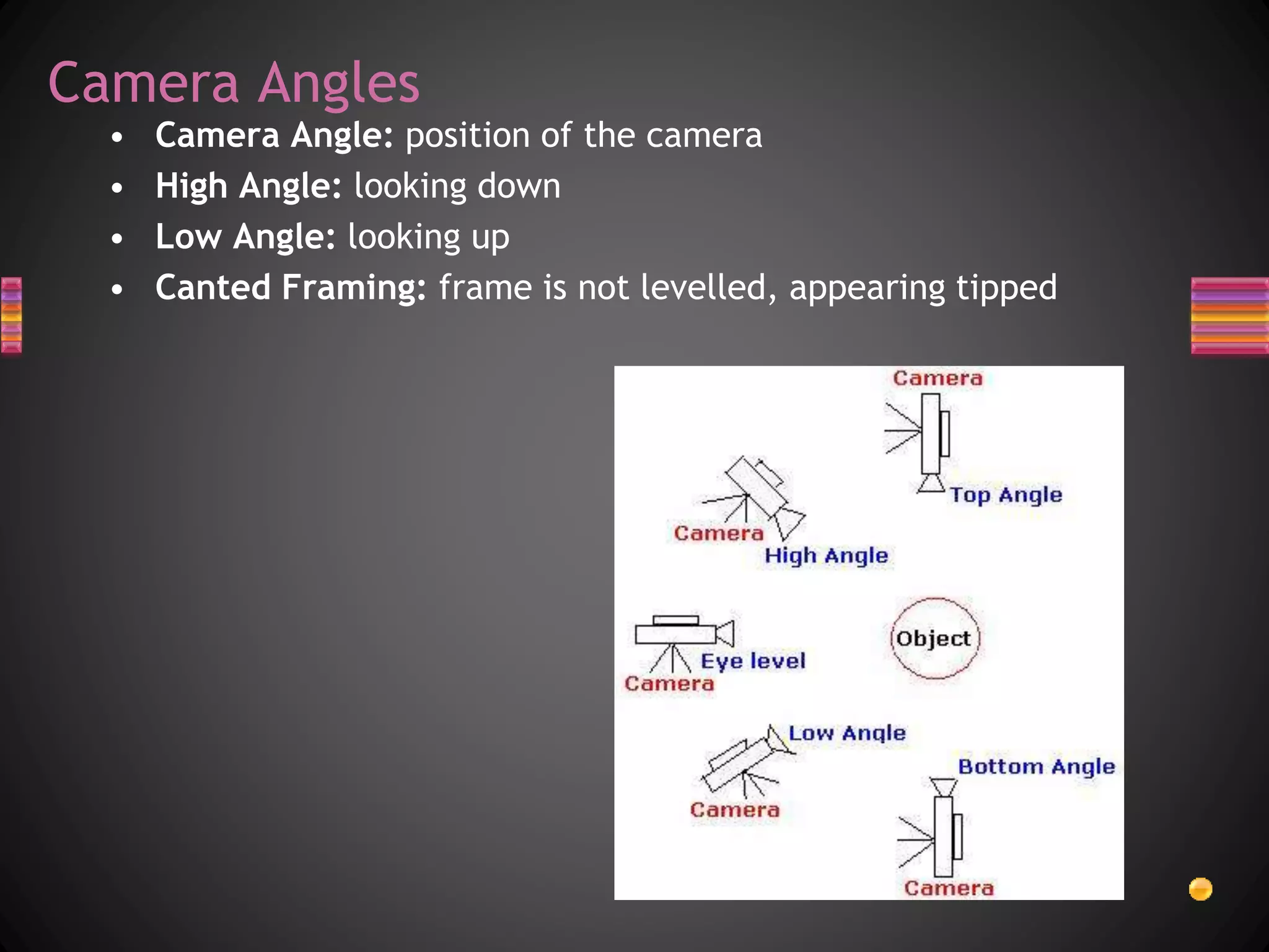Camera Angles
• Camera Angle: position of the camera
• High Angle: looking down
• Low Angle: looking up
• Canted Framing: frame is not levelled, appearing tipped
 