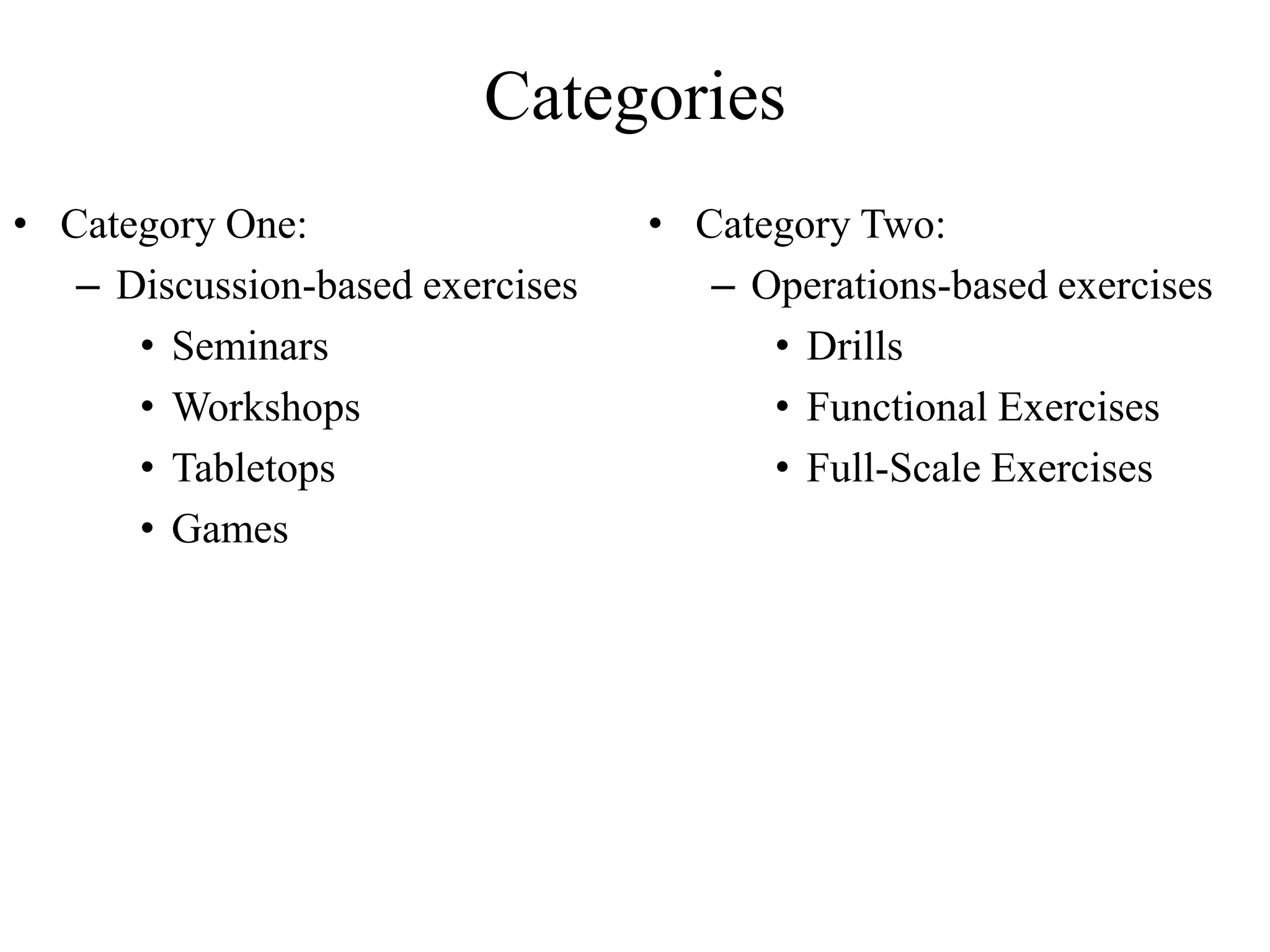 Categories
• Category One:                   • Category Two:
   – Discussion-based exercises      – Operations-based exercises
      • Seminars                        • Drills
      • Workshops                       • Functional Exercises
      • Tabletops                       • Full-Scale Exercises
      • Games
 