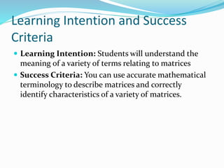 Learning Intention and Success
Criteria
 Learning Intention: Students will understand the
meaning of a variety of terms relating to matrices
 Success Criteria: You can use accurate mathematical
terminology to describe matrices and correctly
identify characteristics of a variety of matrices.
 