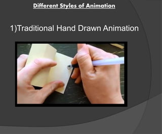 Different Styles of Animation 
1)Traditional Hand Drawn Animation 
 
