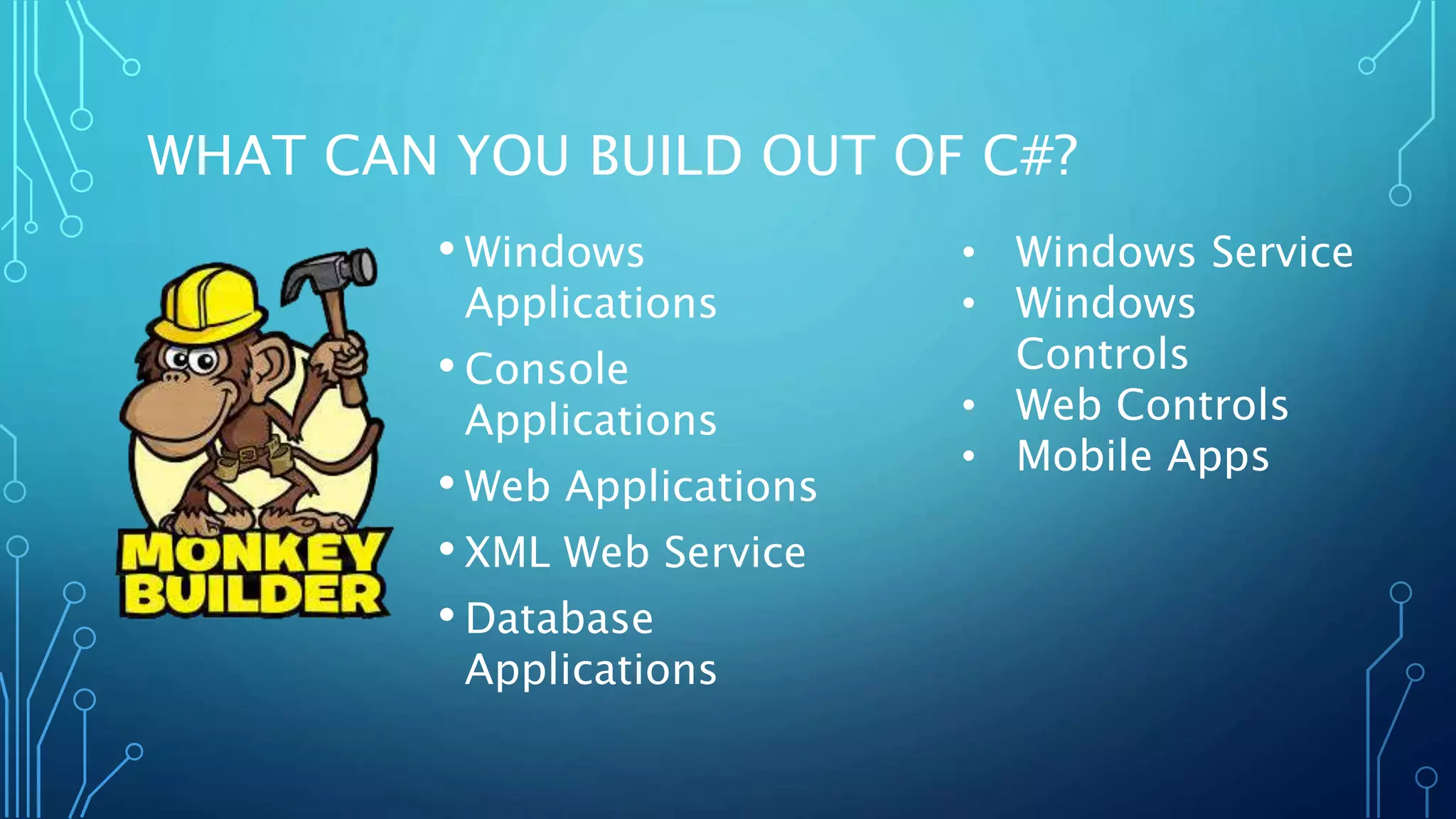 WHAT CAN YOU BUILD OUT OF C#? 
• Windows 
Applications 
• Console 
Applications 
• Web Applications 
• XML Web Service 
• Database 
Applications 
• Windows Service 
• Windows 
Controls 
• Web Controls 
• Mobile Apps 
 