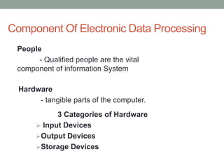 Component Of Electronic Data Processing
3 Categories of Hardware
 Input Devices
Output Devices
Storage Devices
People
- Qualified people are the vital
component of information System
Hardware
- tangible parts of the computer.
 