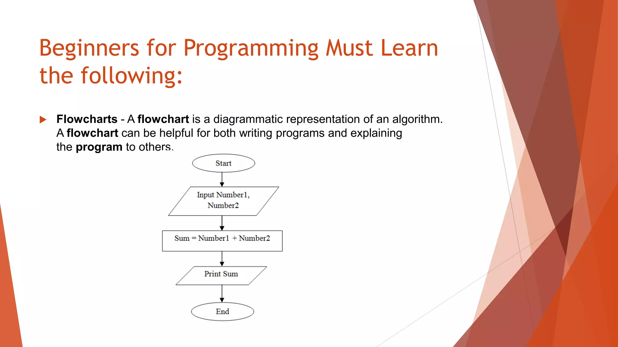 Beginners for Programming Must Learn
the following:
 Flowcharts - A flowchart is a diagrammatic representation of an algorithm.
A flowchart can be helpful for both writing programs and explaining
the program to others.
 